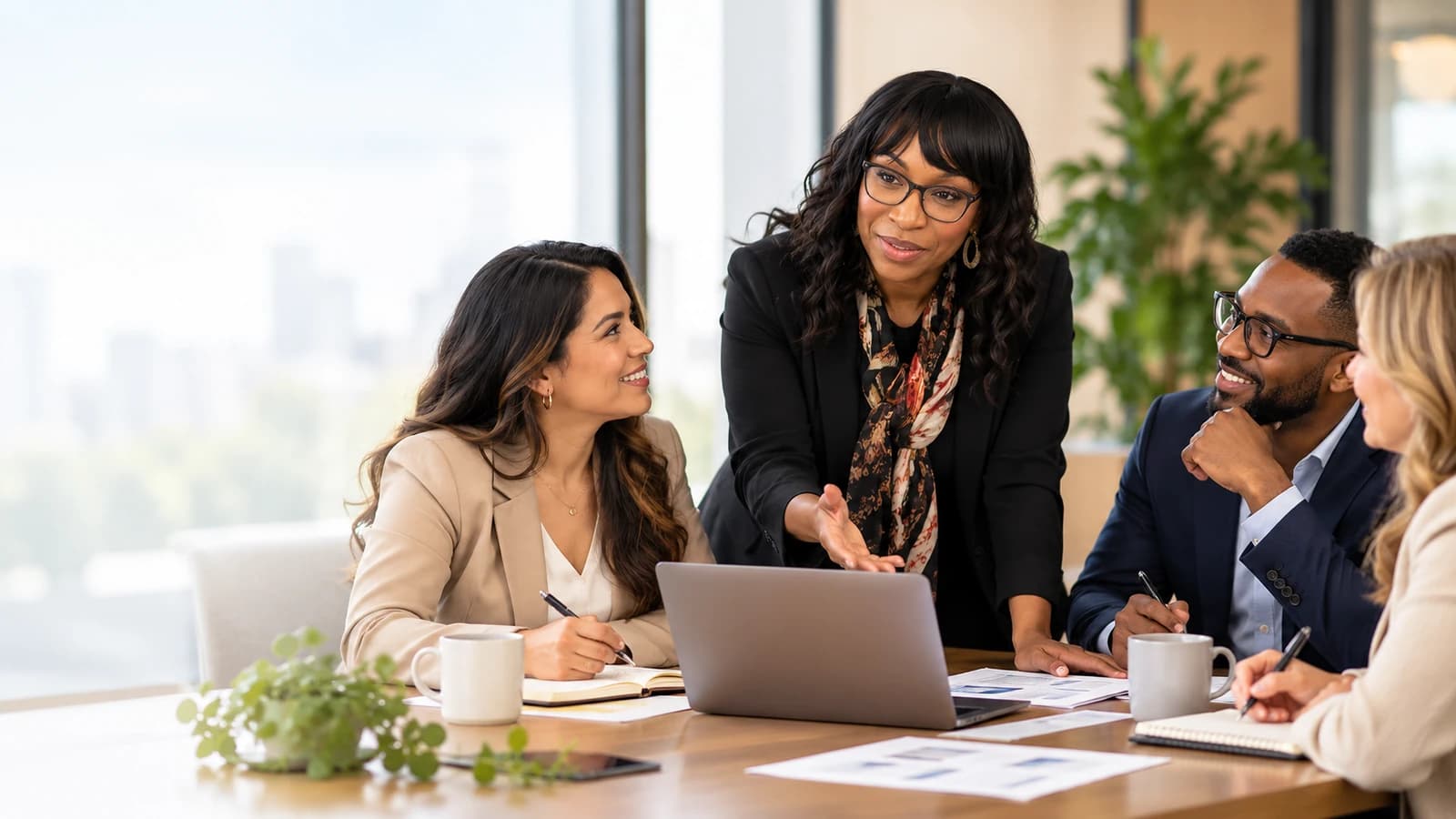 People discussing plans around a laptop in a bright office.