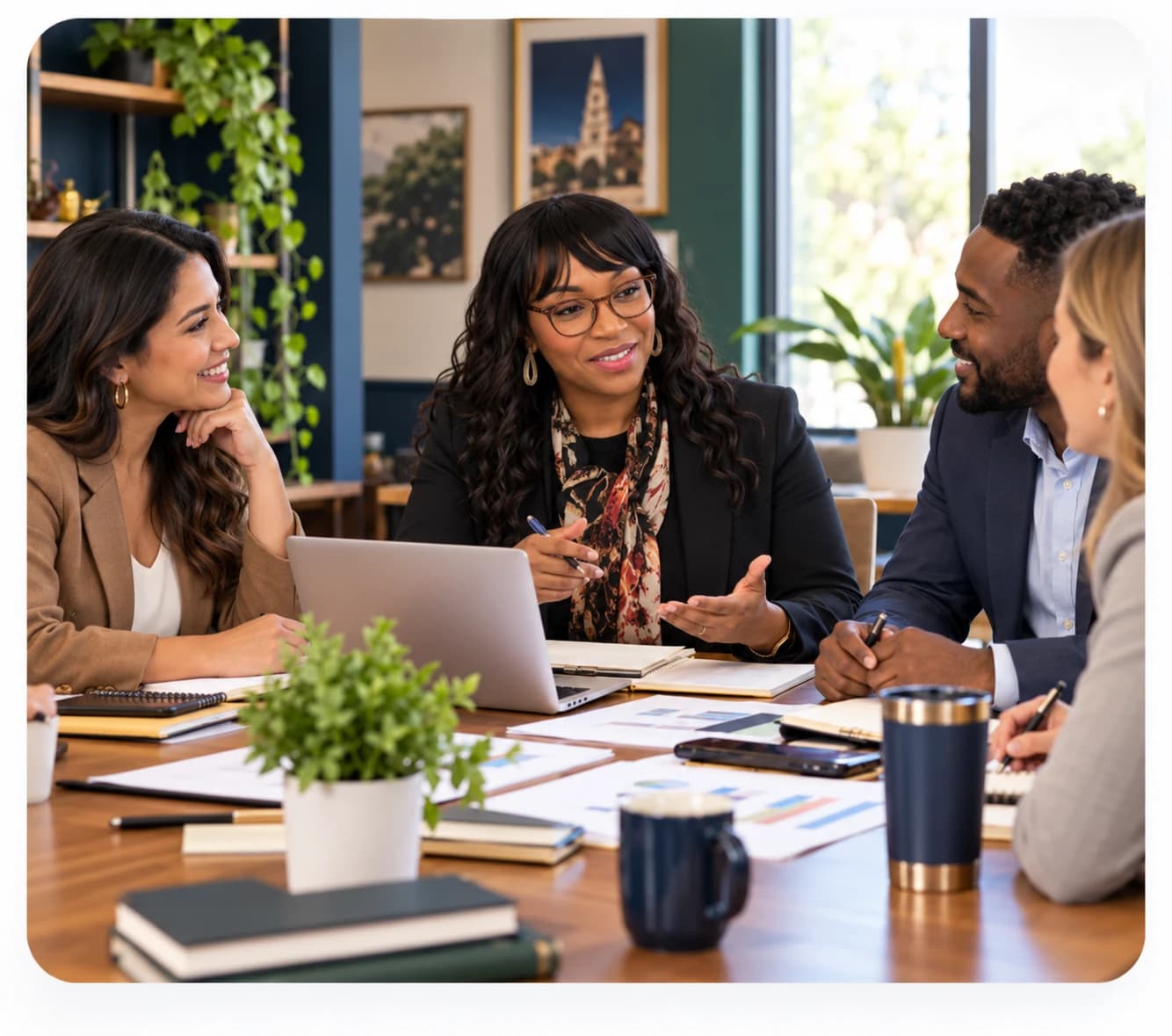 People collaborating around a conference table with notebooks and a laptop.
